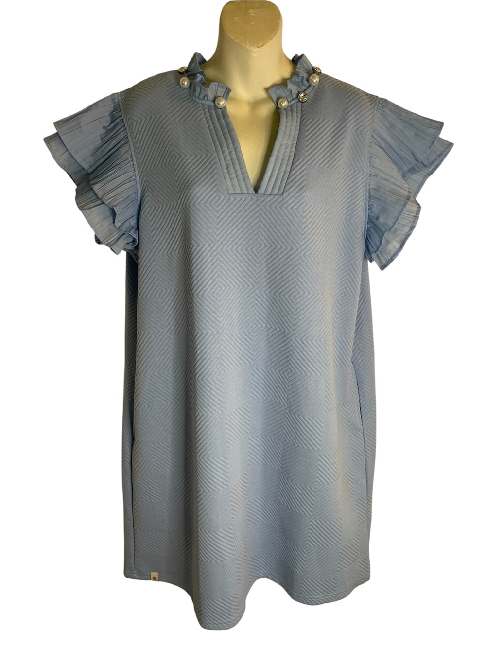 Simply Southern Light Blue Quilted Dress Pearl Detail Size Large Ruffled Sleeves